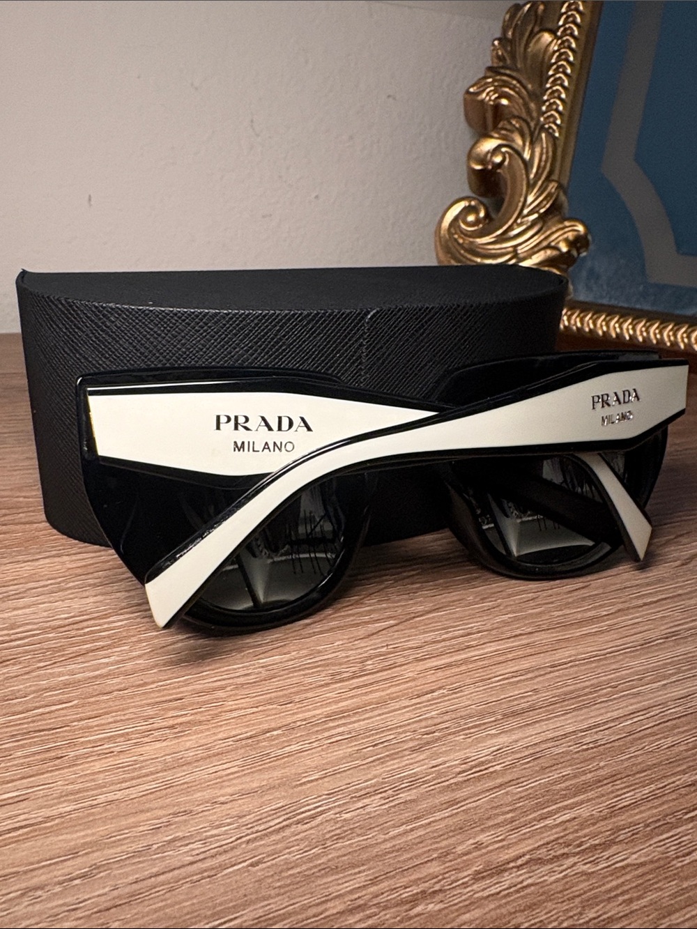 Prada Black Frame with White Arms Cat-Eye Sunglasses- With Case. AS IS - Picture 10 of 14